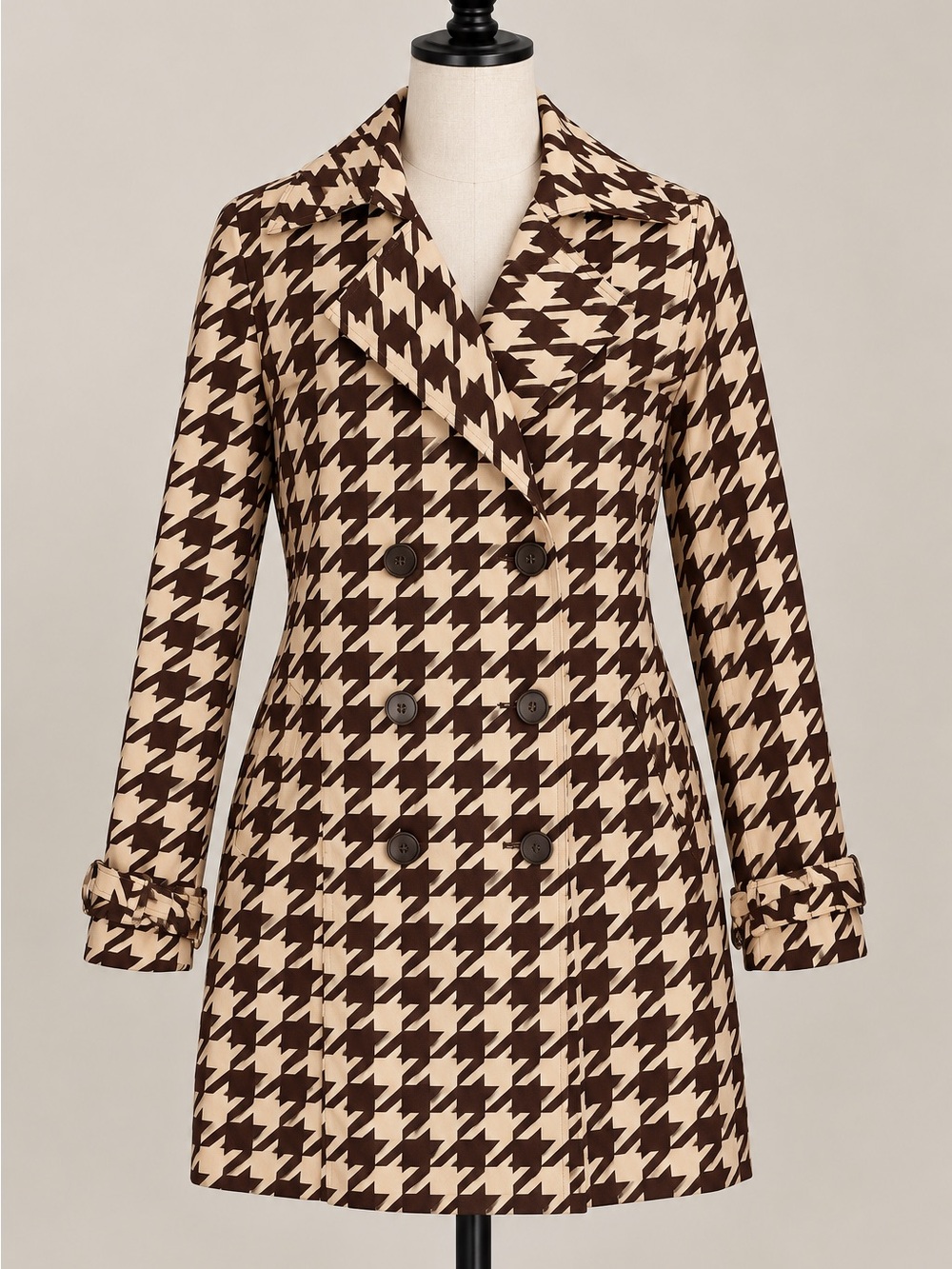 Vertigo Paris Houndstooth Double Breasted Trench Coat Belted Brown size M